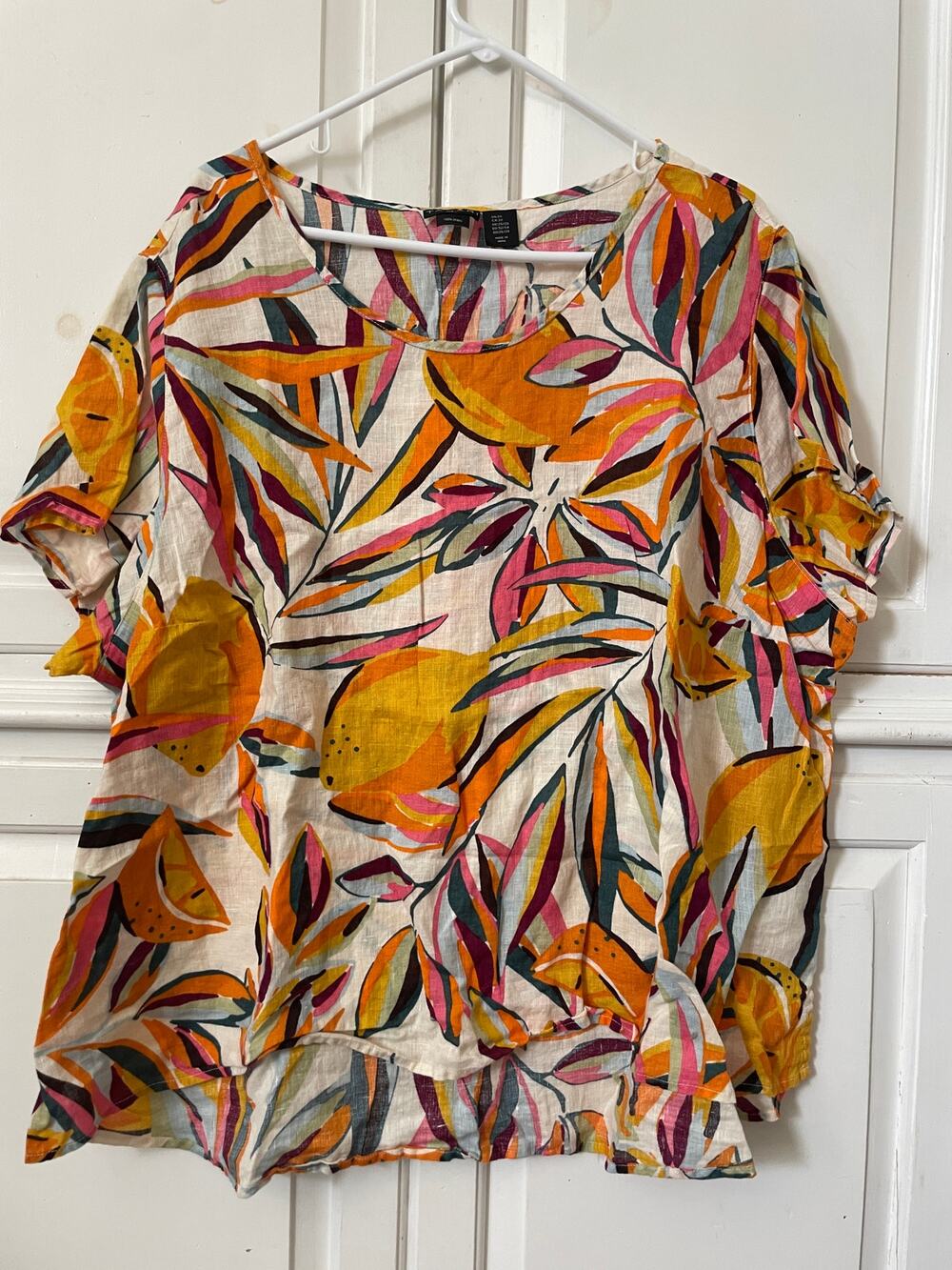 Womens Tahari Hawaian short sleeve botanical orange leaves linen flowy shirt 3X